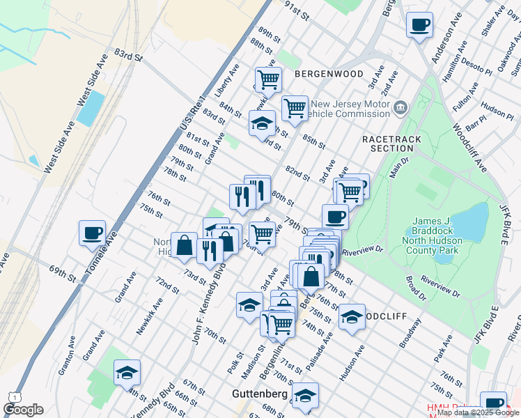 map of restaurants, bars, coffee shops, grocery stores, and more near 7711 5th Avenue in North Bergen