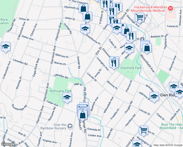 map of restaurants, bars, coffee shops, grocery stores, and more near 20 Irving Street in Montclair