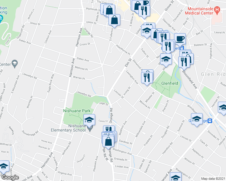 map of restaurants, bars, coffee shops, grocery stores, and more near 127 Elm Street in Montclair