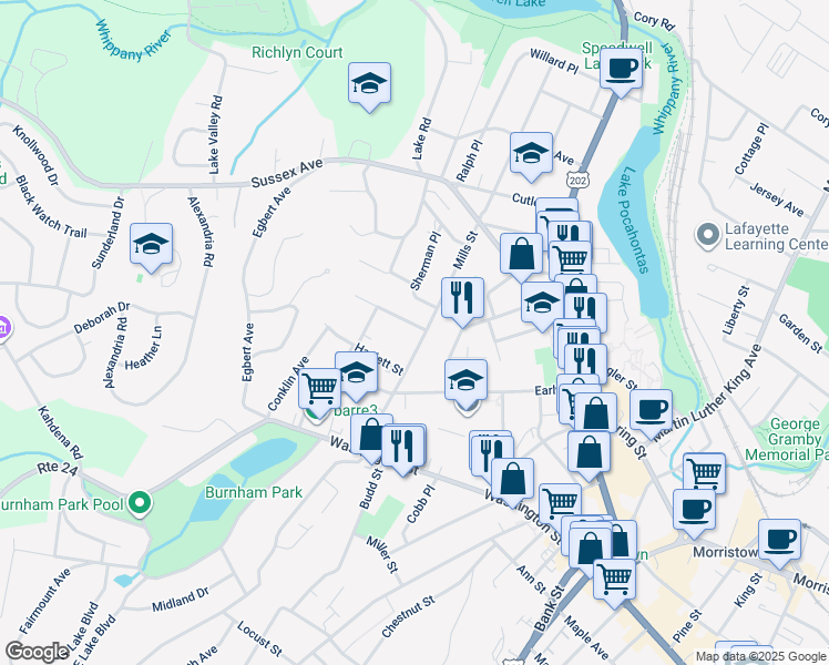 map of restaurants, bars, coffee shops, grocery stores, and more near 53 Mills Street in Morristown
