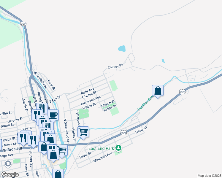 map of restaurants, bars, coffee shops, grocery stores, and more near 600 East Union Street in Tamaqua