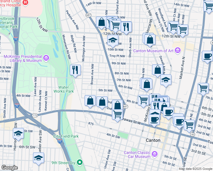 map of restaurants, bars, coffee shops, grocery stores, and more near 427 Newton Avenue Northwest in Canton