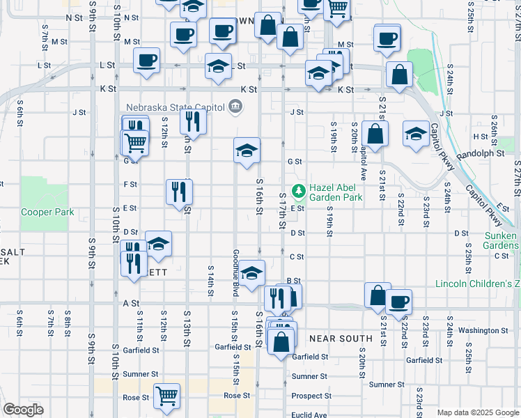map of restaurants, bars, coffee shops, grocery stores, and more near in Lincoln