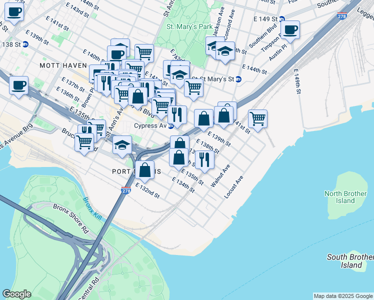 map of restaurants, bars, coffee shops, grocery stores, and more near 183 Willow Avenue in The Bronx