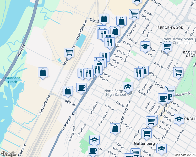 map of restaurants, bars, coffee shops, grocery stores, and more near 1700 74th Street in North Bergen