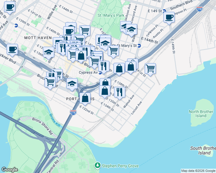 map of restaurants, bars, coffee shops, grocery stores, and more near 748 East 137th Street in The Bronx