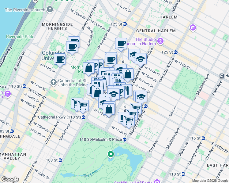 map of restaurants, bars, coffee shops, grocery stores, and more near 230 West 116th Street in New York