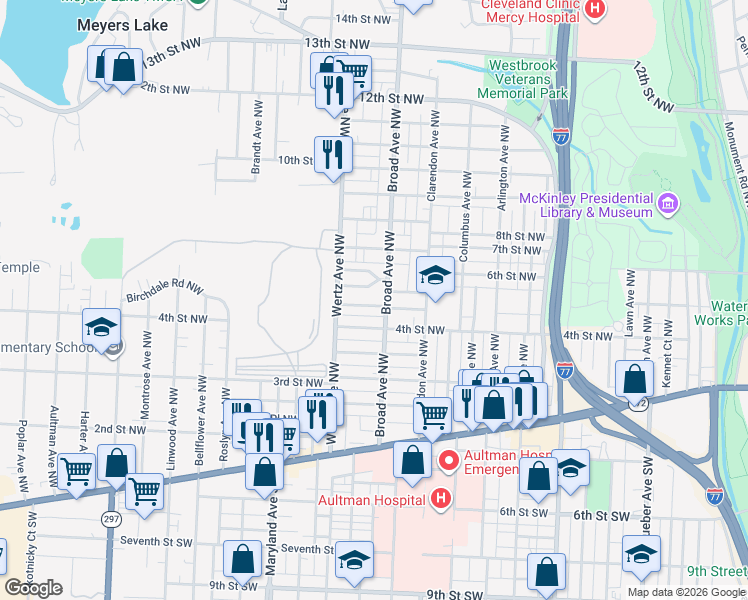 map of restaurants, bars, coffee shops, grocery stores, and more near 408 Broad Avenue Northwest in Canton