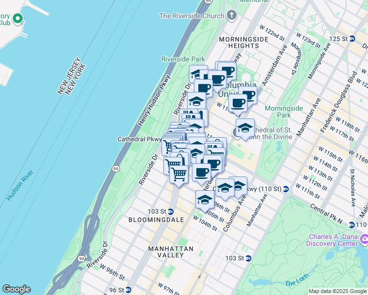 map of restaurants, bars, coffee shops, grocery stores, and more near Broadway & W 109th St in New York