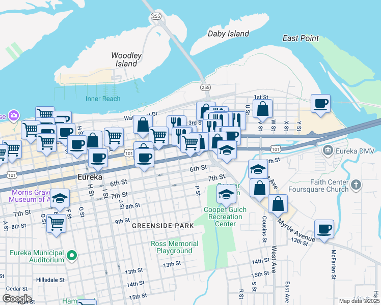 map of restaurants, bars, coffee shops, grocery stores, and more near 1443 5th Street in Eureka