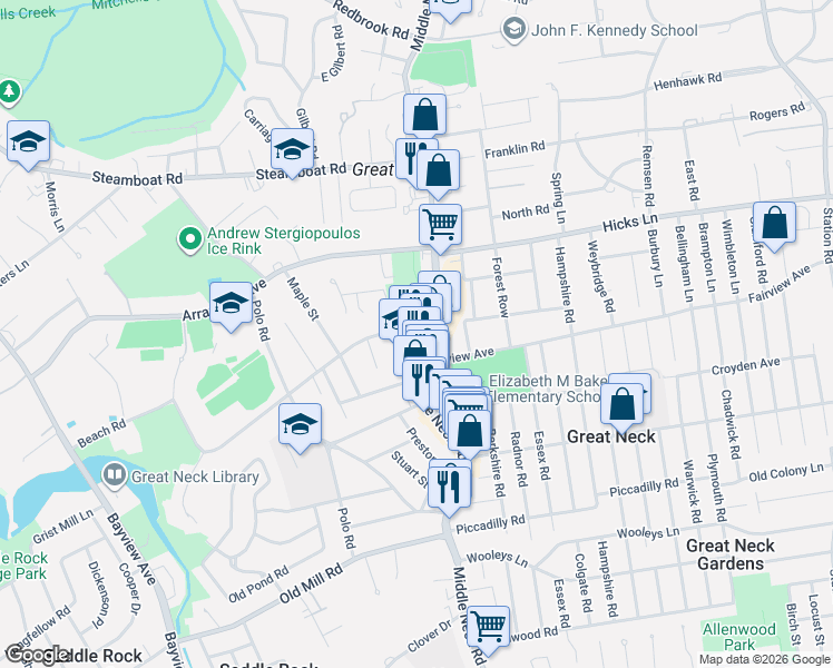 map of restaurants, bars, coffee shops, grocery stores, and more near 609 Middle Neck Road in Great Neck