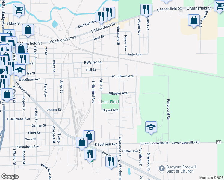 map of restaurants, bars, coffee shops, grocery stores, and more near 540 Union Avenue in Bucyrus