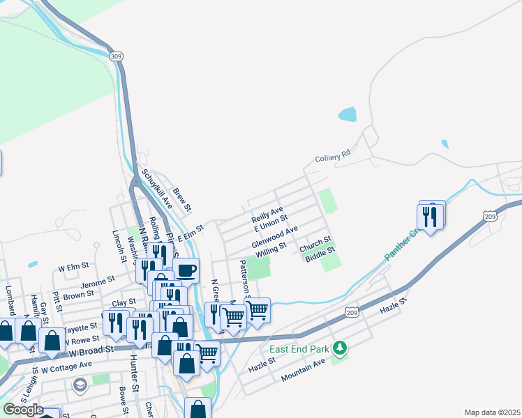 map of restaurants, bars, coffee shops, grocery stores, and more near 436 East Elm Street in Tamaqua