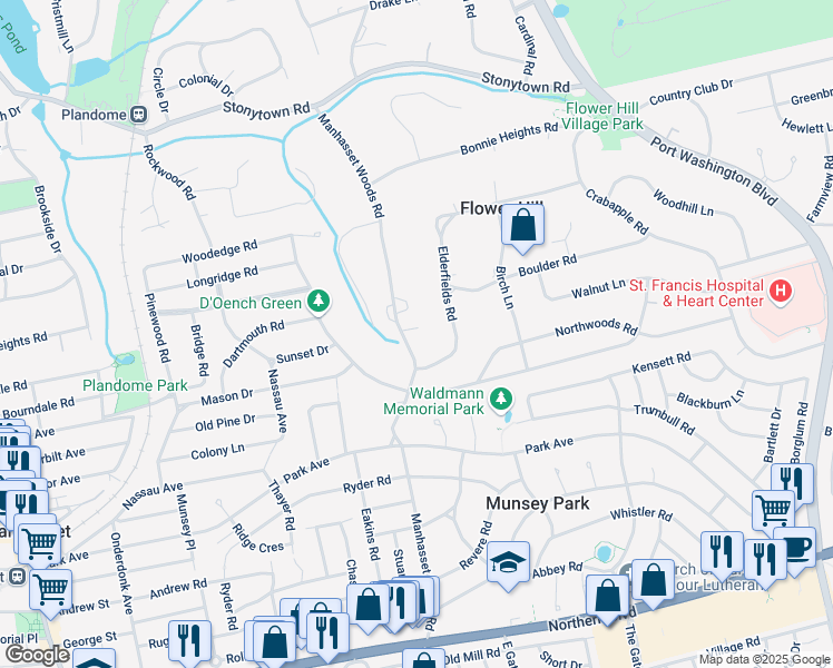 map of restaurants, bars, coffee shops, grocery stores, and more near 1 Elderfields Road in Manhasset