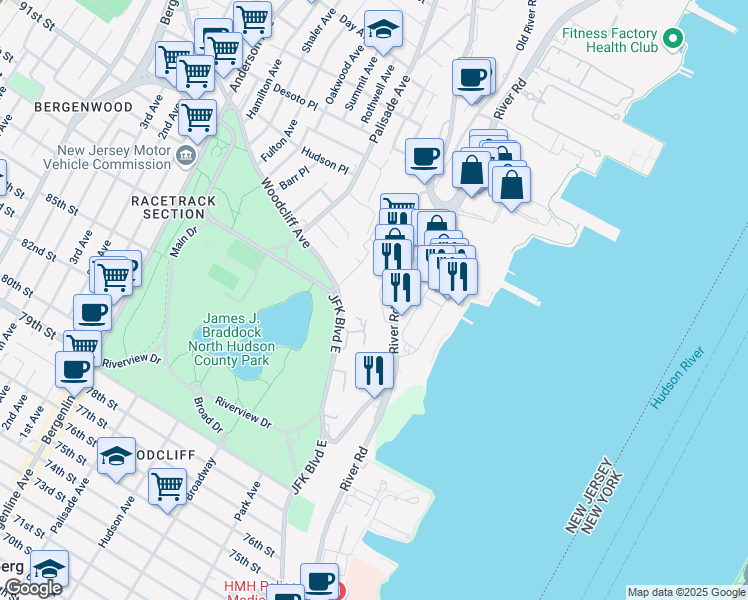 map of restaurants, bars, coffee shops, grocery stores, and more near 8700 Boulevard East in North Bergen