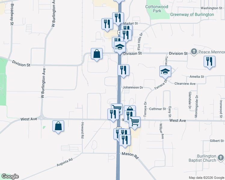 map of restaurants, bars, coffee shops, grocery stores, and more near 617 South Roosevelt Avenue in Burlington