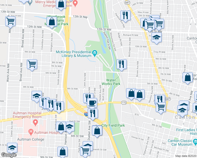 map of restaurants, bars, coffee shops, grocery stores, and more near 507 Hazlett Avenue Northwest in Canton