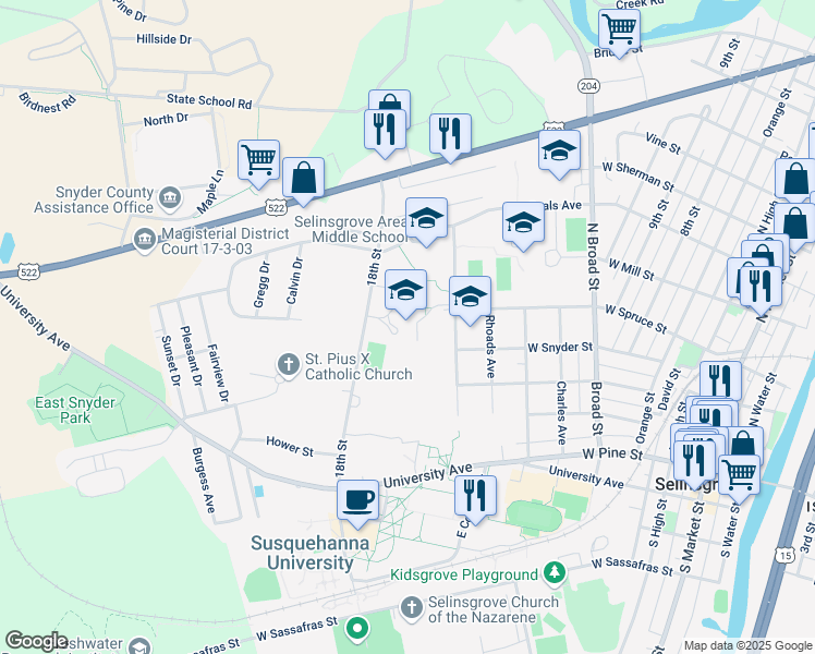 map of restaurants, bars, coffee shops, grocery stores, and more near 301 18th Street in Selinsgrove