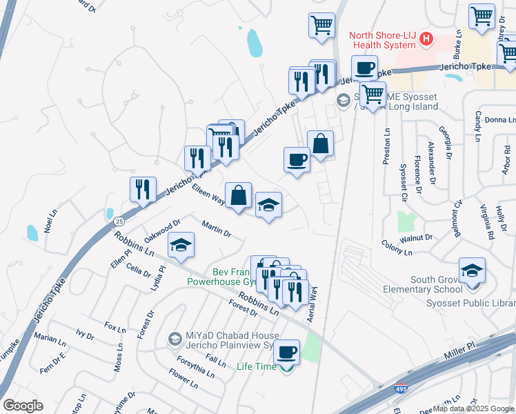 map of restaurants, bars, coffee shops, grocery stores, and more near 150 Eileen Way in Syosset