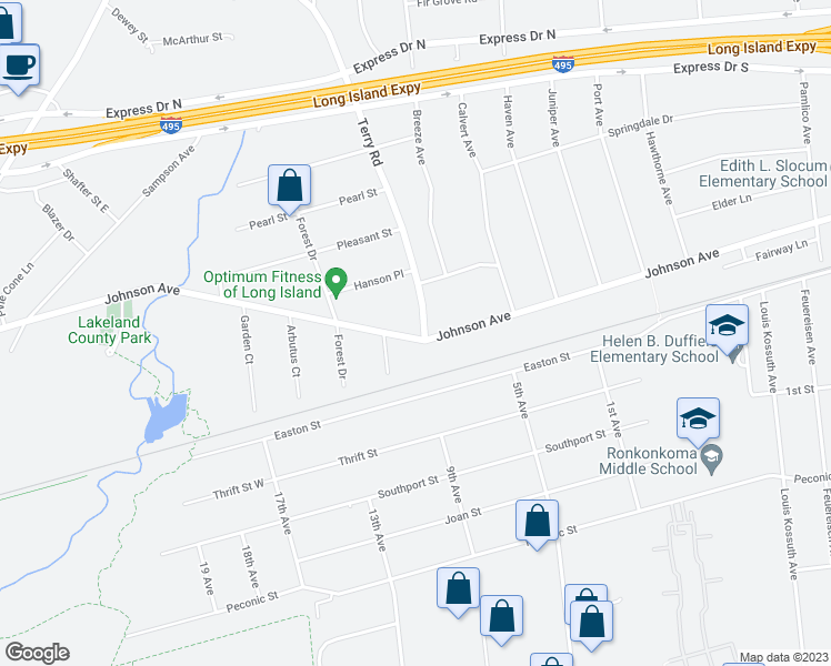 map of restaurants, bars, coffee shops, grocery stores, and more near 1244 Terry Road in Ronkonkoma