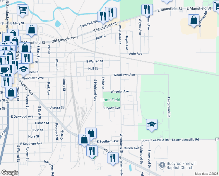 map of restaurants, bars, coffee shops, grocery stores, and more near 540 Union Avenue in Bucyrus