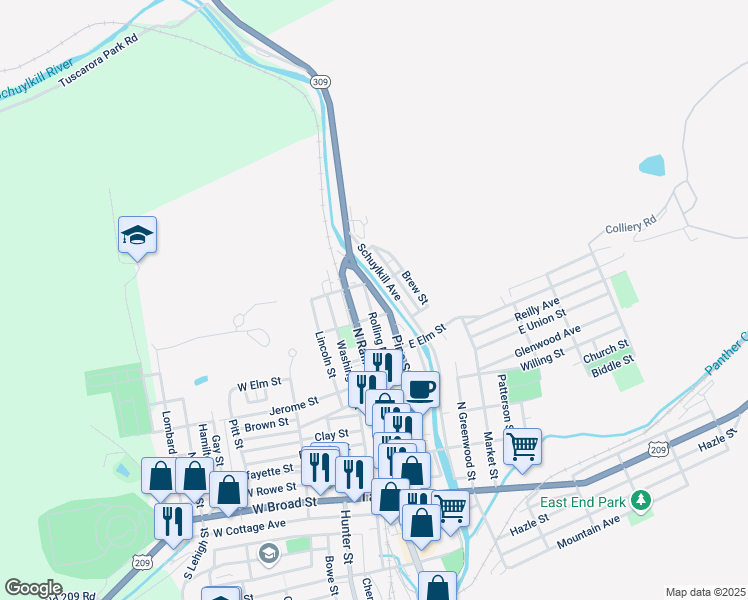 map of restaurants, bars, coffee shops, grocery stores, and more near 518 Pine Street in Tamaqua