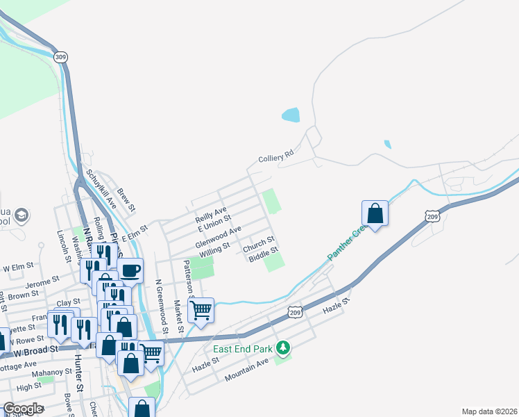 map of restaurants, bars, coffee shops, grocery stores, and more near 527 Willing Street in Tamaqua