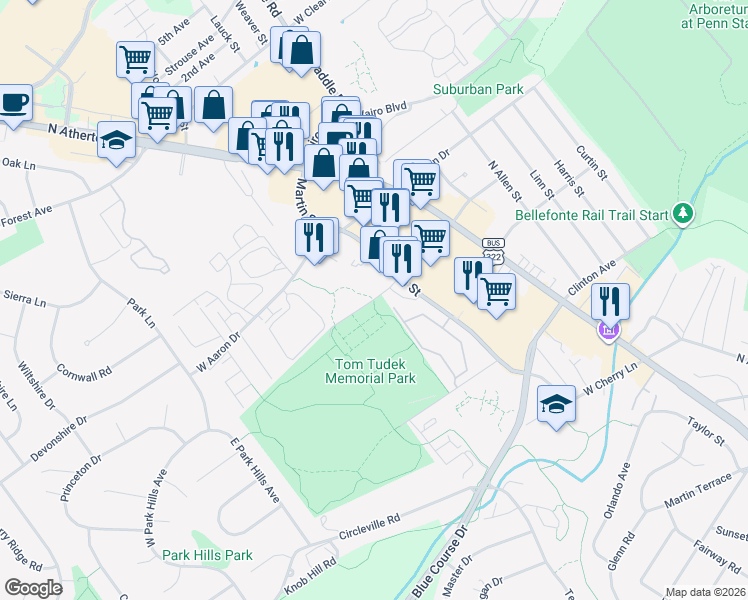 map of restaurants, bars, coffee shops, grocery stores, and more near Herman Drive in Park Forest Village