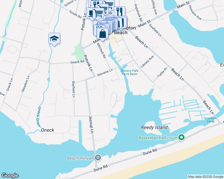 map of restaurants, bars, coffee shops, grocery stores, and more near 11 Old Meadow Bend in Westhampton Beach
