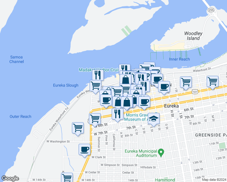 map of restaurants, bars, coffee shops, grocery stores, and more near 1 2nd Street in Eureka