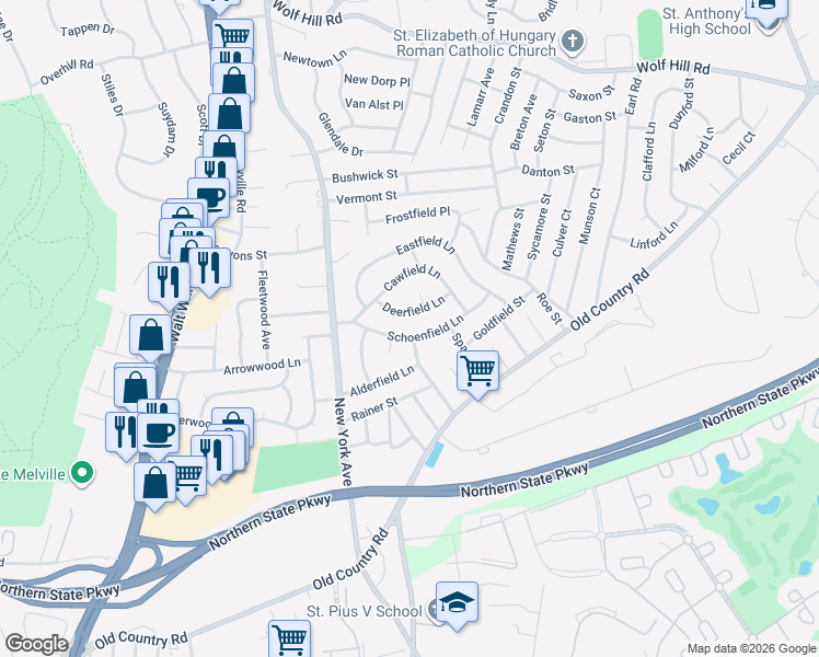 map of restaurants, bars, coffee shops, grocery stores, and more near in Melville