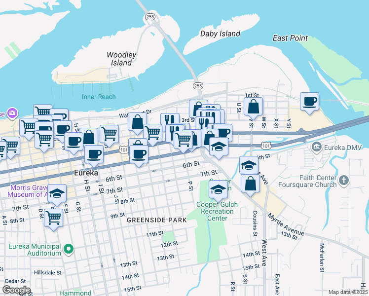map of restaurants, bars, coffee shops, grocery stores, and more near 1507 5th Street in Eureka