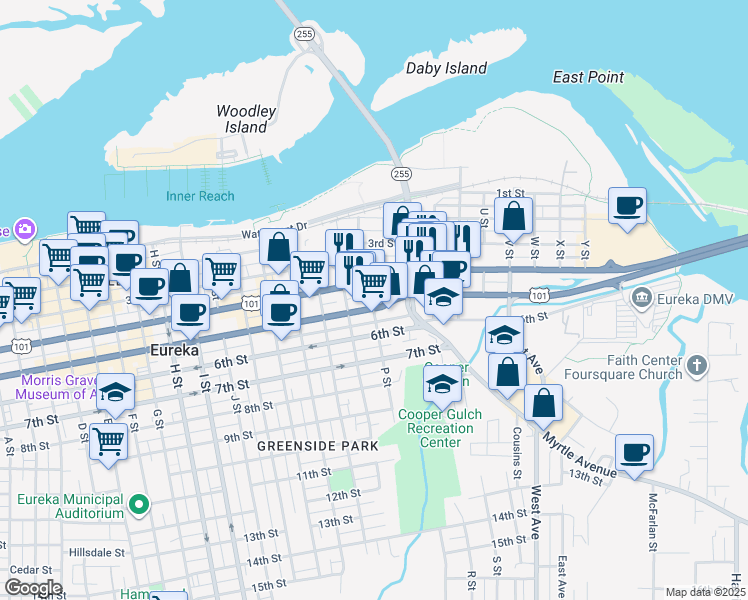 map of restaurants, bars, coffee shops, grocery stores, and more near 1505 6th Street in Eureka