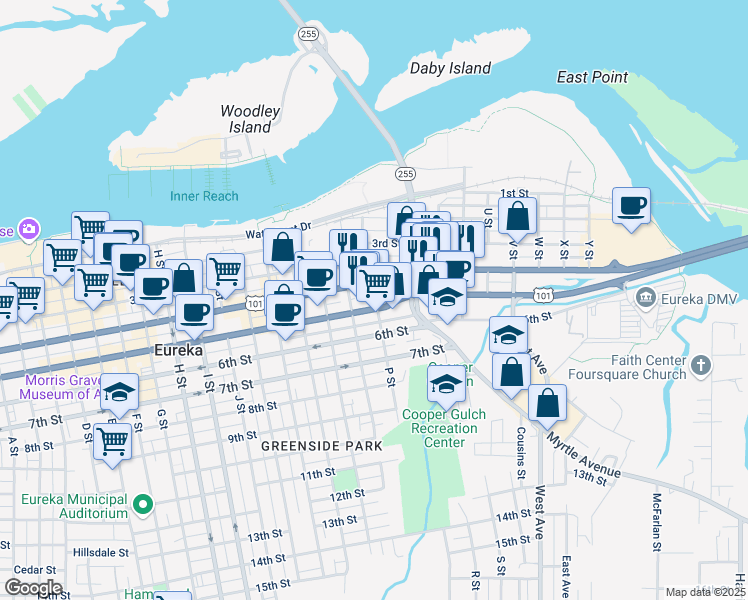 map of restaurants, bars, coffee shops, grocery stores, and more near 1505 6th Street in Eureka