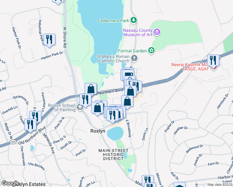 map of restaurants, bars, coffee shops, grocery stores, and more near 25 Skillman Street in Roslyn