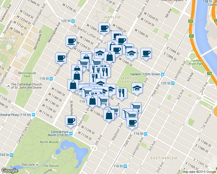 map of restaurants, bars, coffee shops, grocery stores, and more near 52 West 119th Street in New York