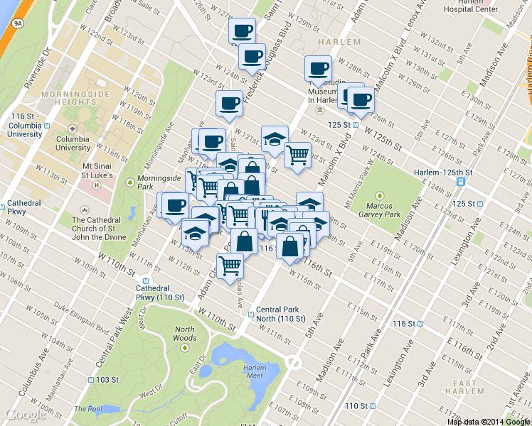 map of restaurants, bars, coffee shops, grocery stores, and more near 141w West 116th Street in New York