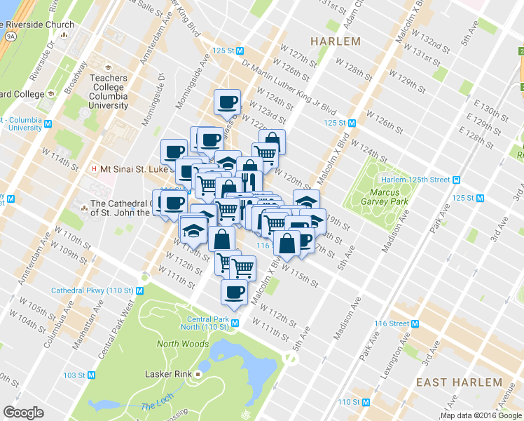map of restaurants, bars, coffee shops, grocery stores, and more near 141w West 116th Street in New York