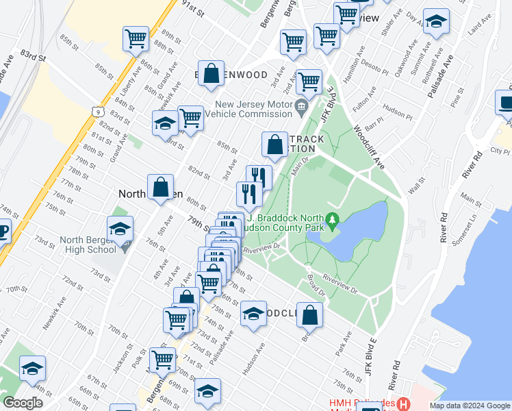 map of restaurants, bars, coffee shops, grocery stores, and more near 8101 Bergenline Avenue in North Bergen