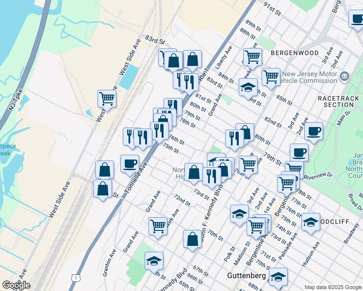 map of restaurants, bars, coffee shops, grocery stores, and more near 1501 75th Street in North Bergen