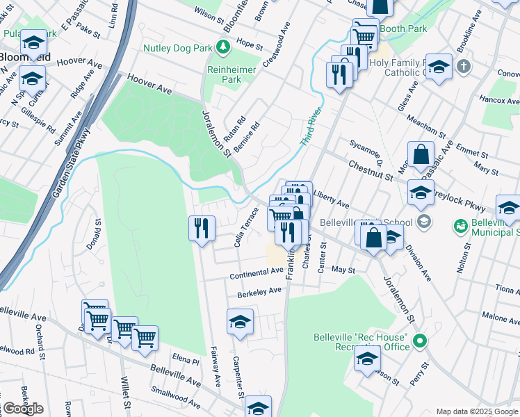 map of restaurants, bars, coffee shops, grocery stores, and more near 3 Belleview Court in Belleville