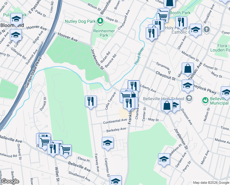 map of restaurants, bars, coffee shops, grocery stores, and more near 3 Belleview Court in Belleville