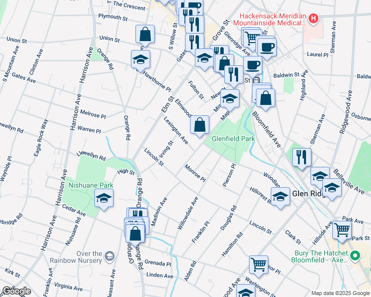 map of restaurants, bars, coffee shops, grocery stores, and more near 140 Maple Avenue in Montclair