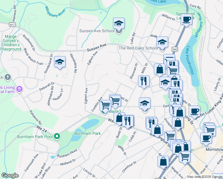 map of restaurants, bars, coffee shops, grocery stores, and more near 36 Colonial Road in Morristown
