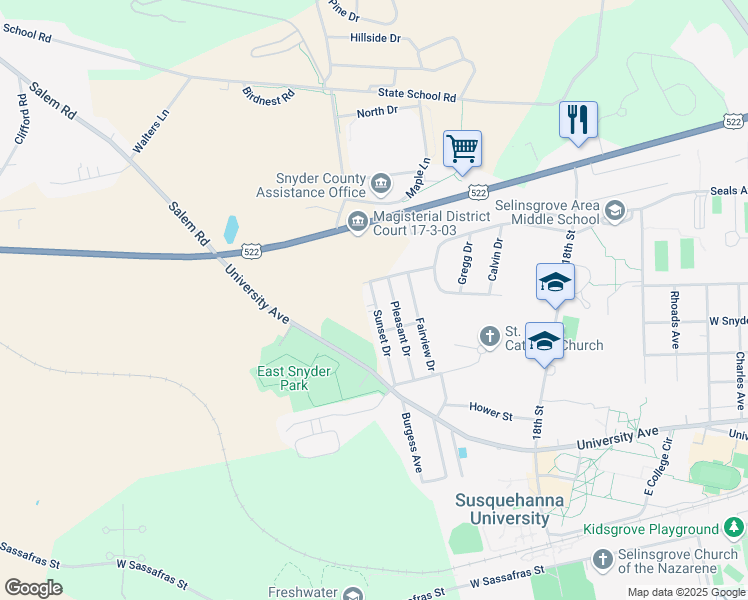 map of restaurants, bars, coffee shops, grocery stores, and more near 319 Sunset Drive in Selinsgrove