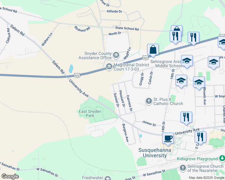 map of restaurants, bars, coffee shops, grocery stores, and more near 319 Sunset Drive in Selinsgrove