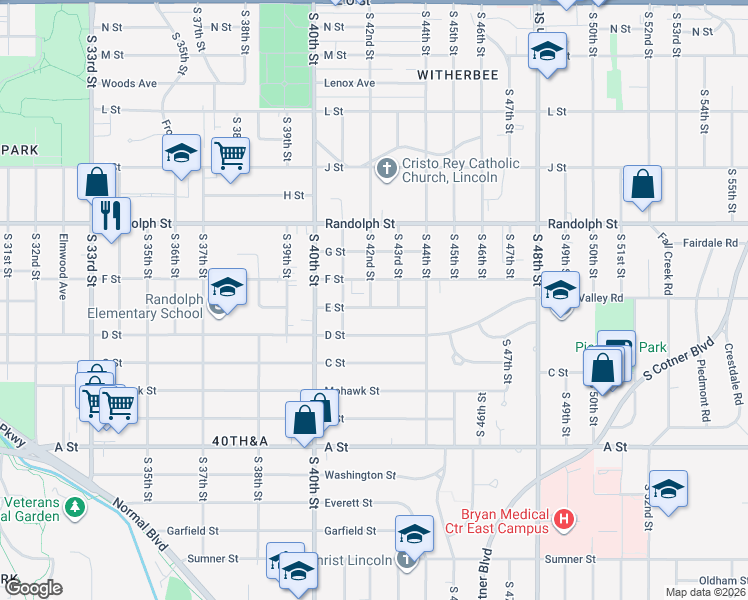 map of restaurants, bars, coffee shops, grocery stores, and more near 4244 D Street in Lincoln