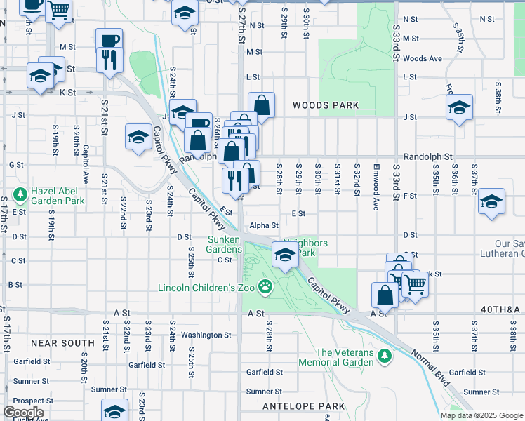map of restaurants, bars, coffee shops, grocery stores, and more near 2755 Alpha Street in Lincoln