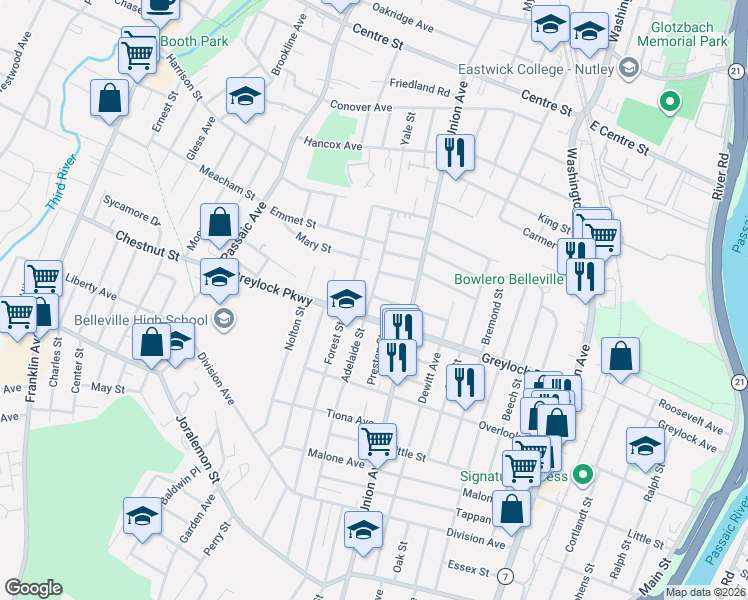 map of restaurants, bars, coffee shops, grocery stores, and more near 365 Greylock Parkway in Belleville