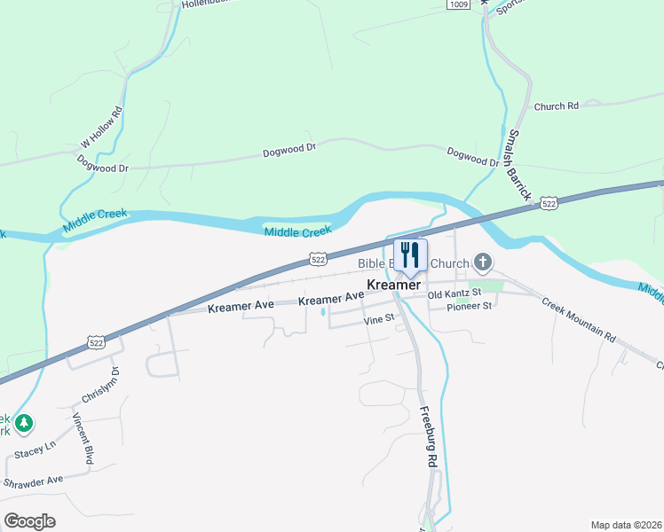 map of restaurants, bars, coffee shops, grocery stores, and more near 437 Kreamer Avenue in Middleburg